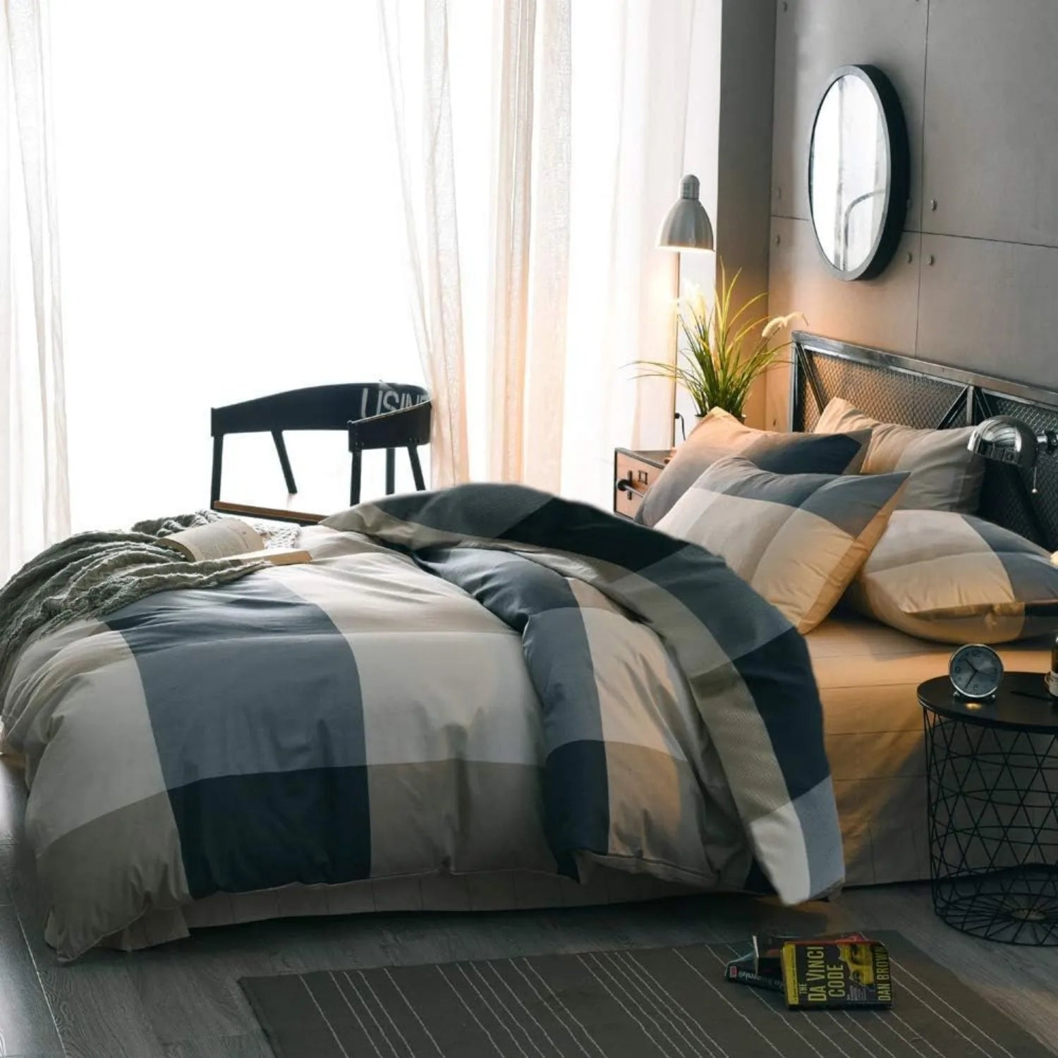 Queen Comforter Set Fluffy Plaid Checkered Pattern Comforter Set Modern Style Geometric Comforter with 2 Pillow Shams Grid Plaid - silverfoxgoods